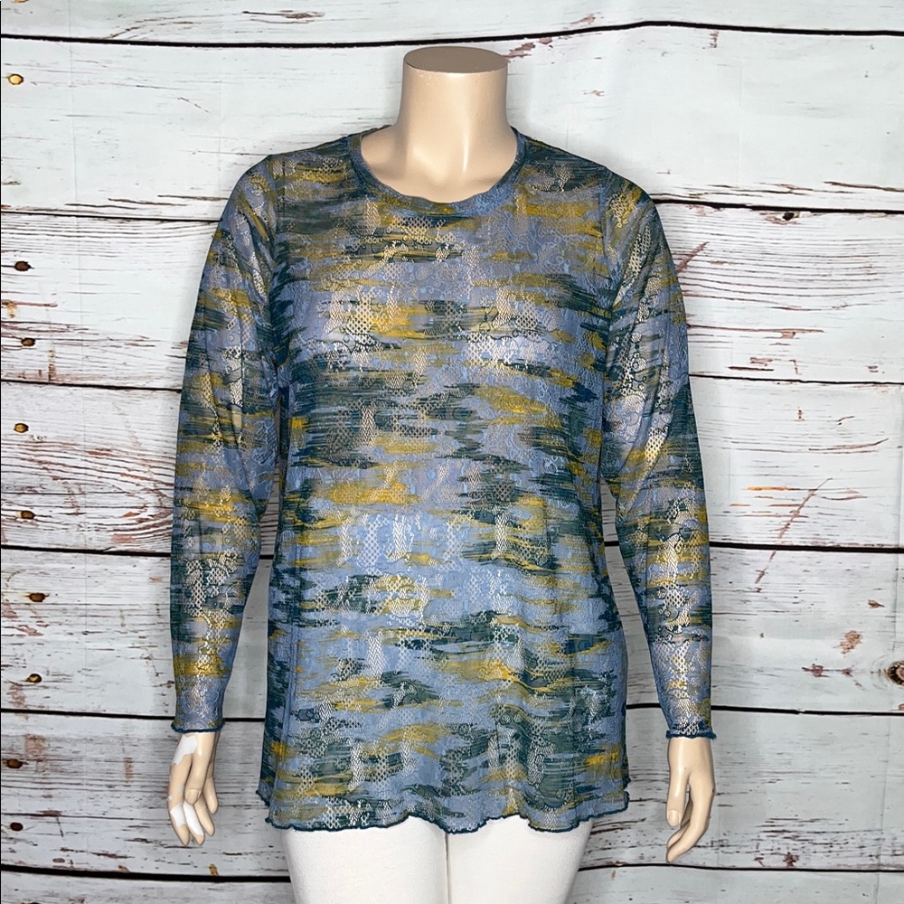 LOGO Layers by Lori Goldstein Size 2X Blue Long Sleeve Sheer Mesh Blouse Top